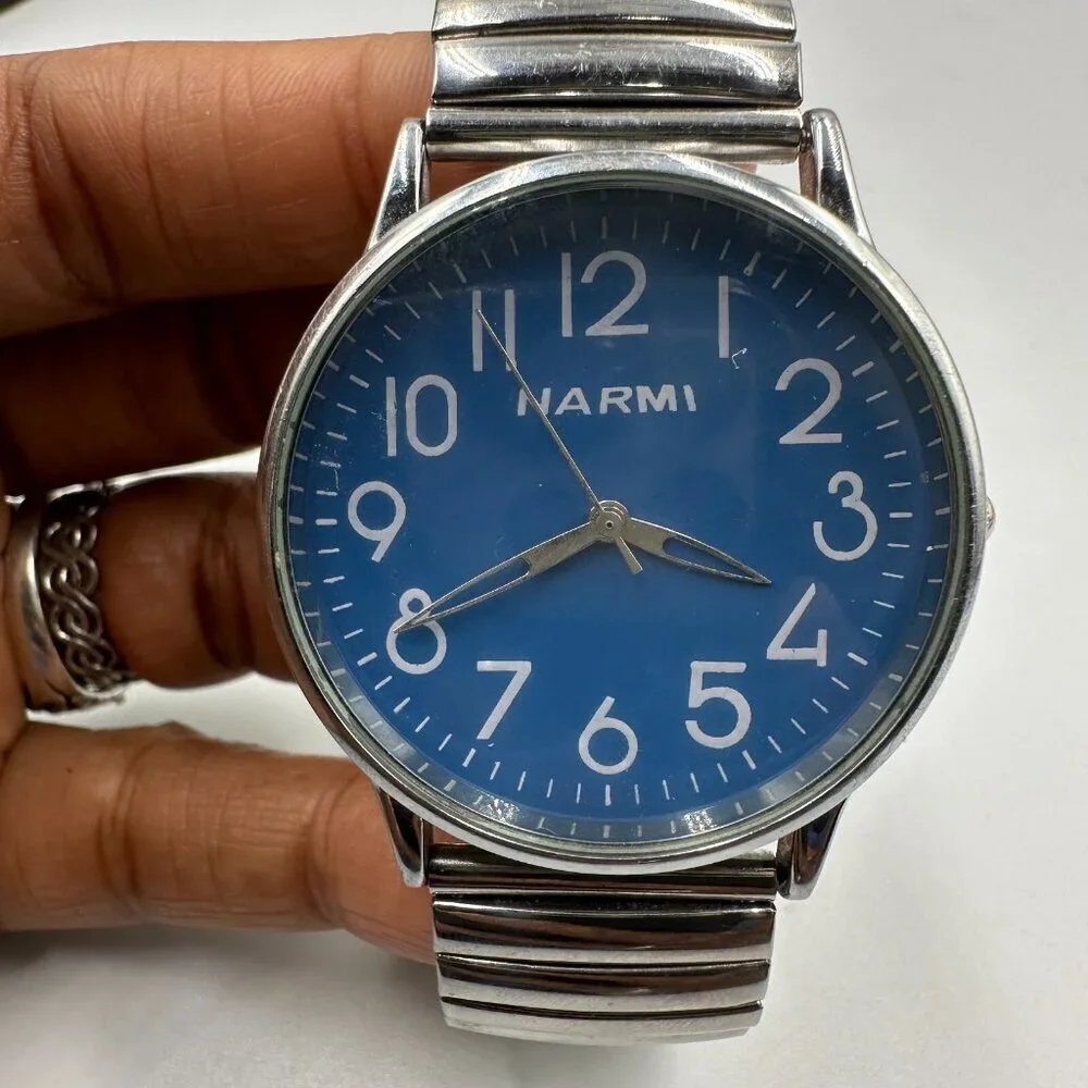 3/$30 Narmi Watch Women Silver Tone Blue Dial Large Numberals Stretch Band